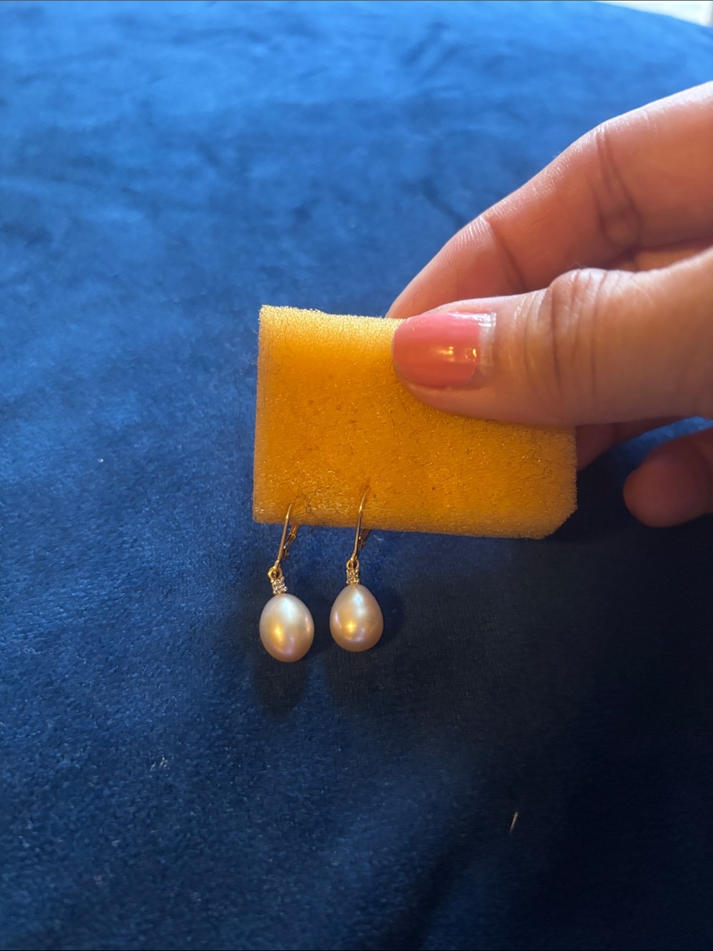 Elegant White Pearl Drop Earrings with with diamond accents in 14K Gold Hooks